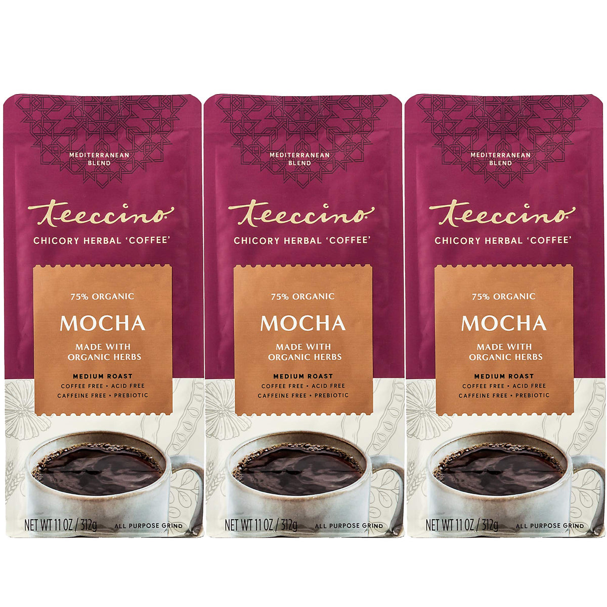 Teeccino Mocha Chicory Coffee Alternative pack—chocolatey aroma without caffeine for any time of day.