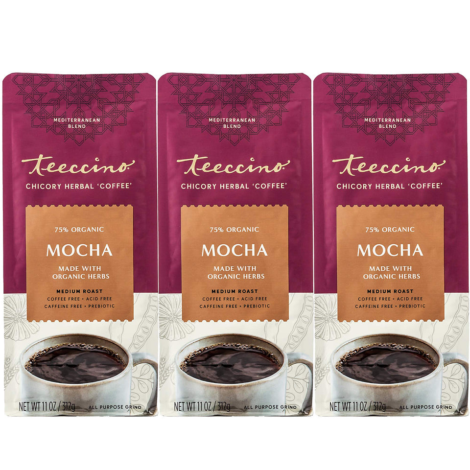 Teeccino Mocha Chicory Coffee Alternative pack—chocolatey aroma without caffeine for any time of day.