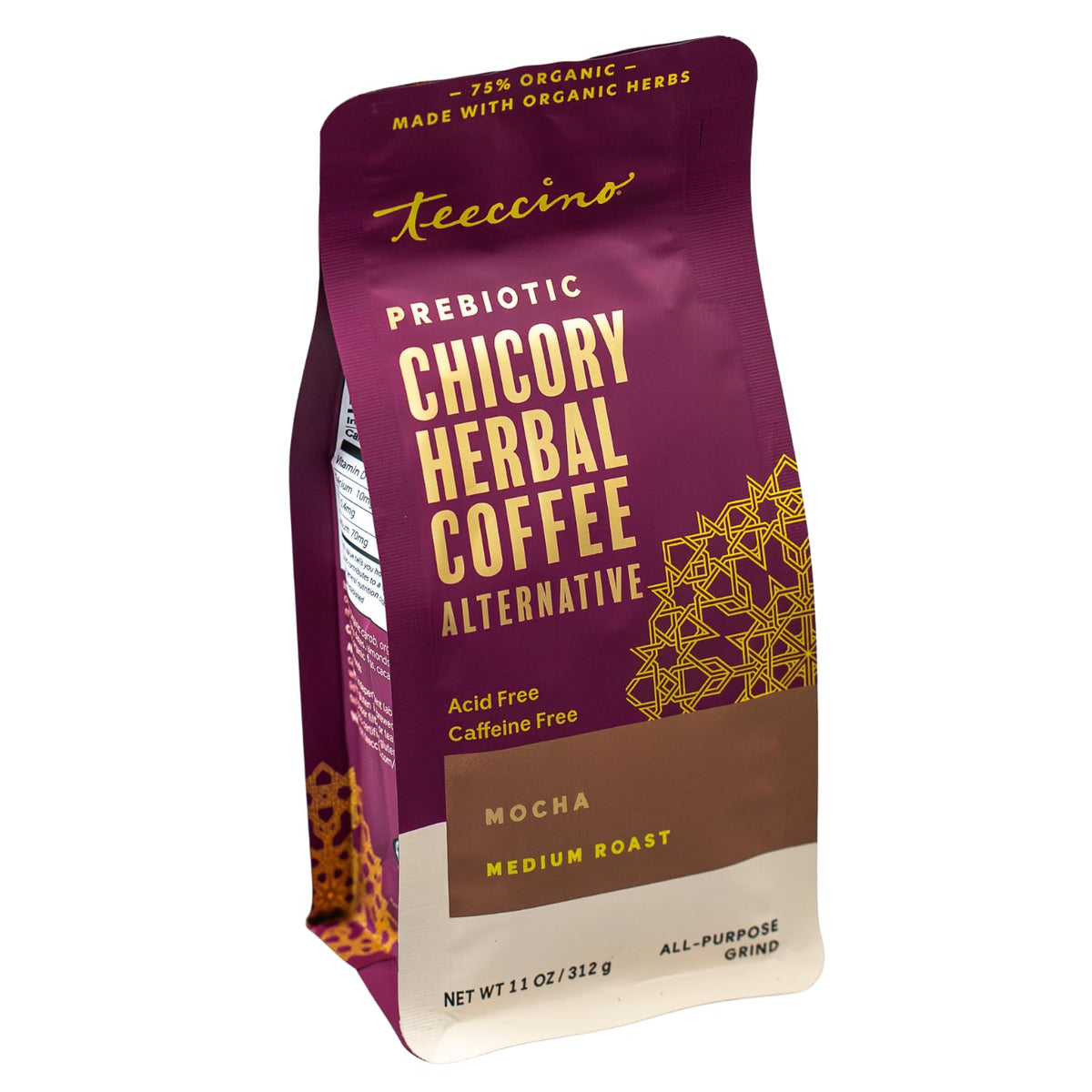 Teeccino Mocha Chicory coffee alternative pack on the counter, caffeine-free option.