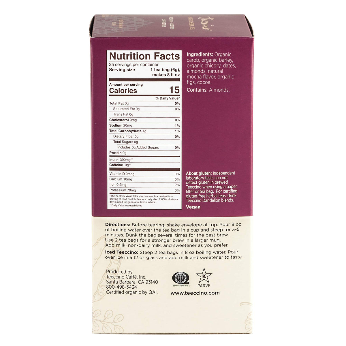 Teeccino Mocha tea bags in box showcase rich herbal blend.