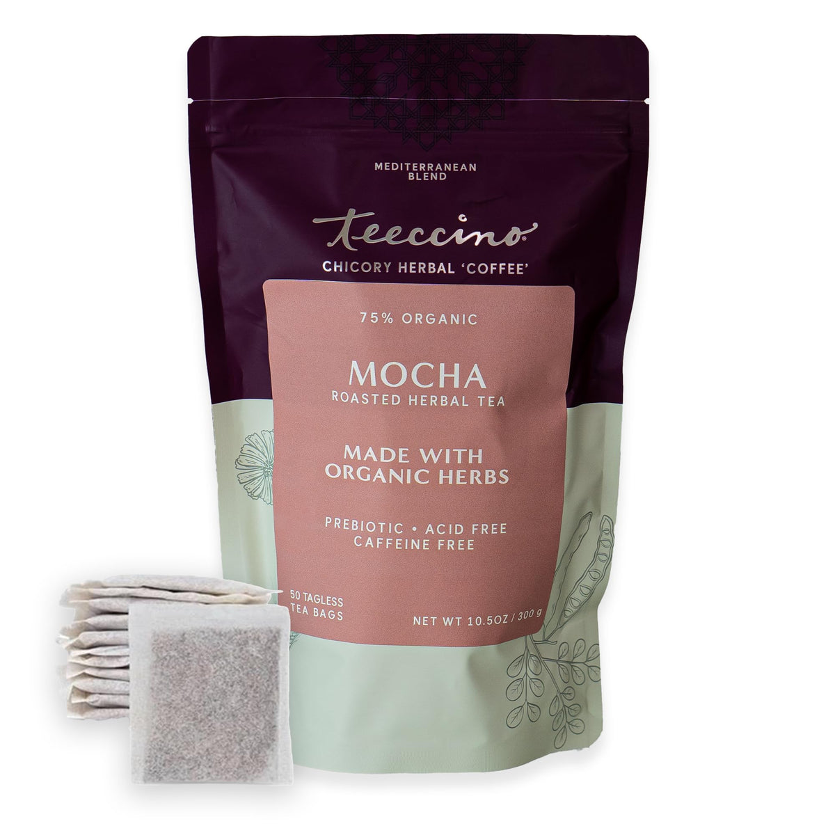 Teeccino Mocha Herbal Tea bags release rich chocolate aroma and caffeine-free energy for daily rituals.