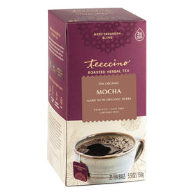 Teeccino Mocha Herbal Tea packaging highlights caffeine-free, rich chocolate flavor.