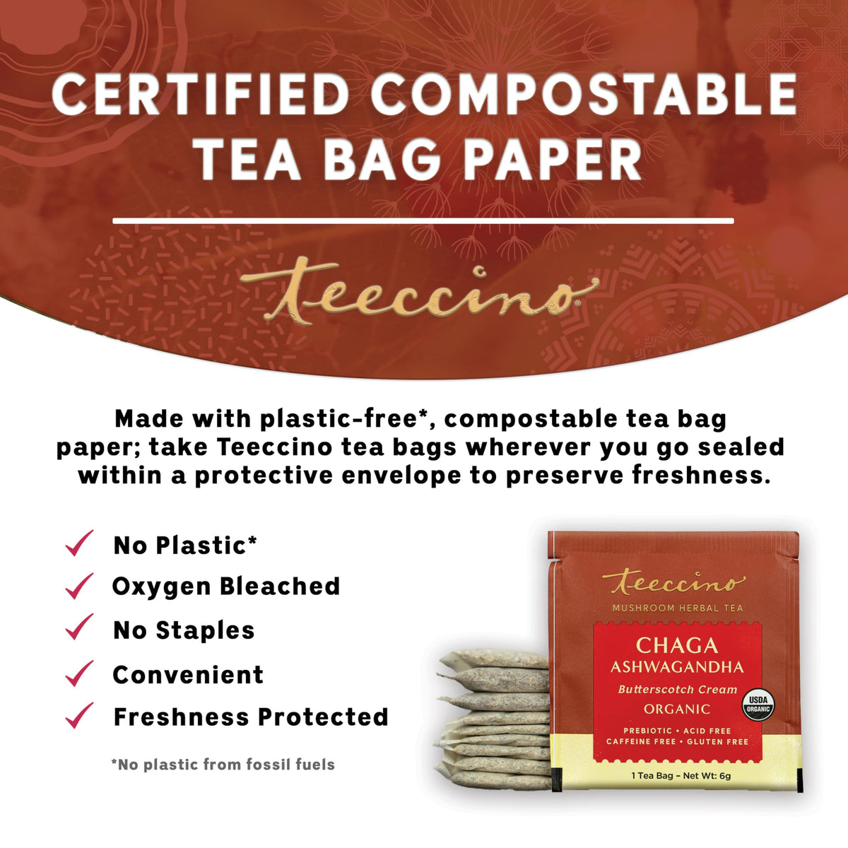 Teeccino Mushroom Tea latte with frothed milk presents a creamy, comforting drink.