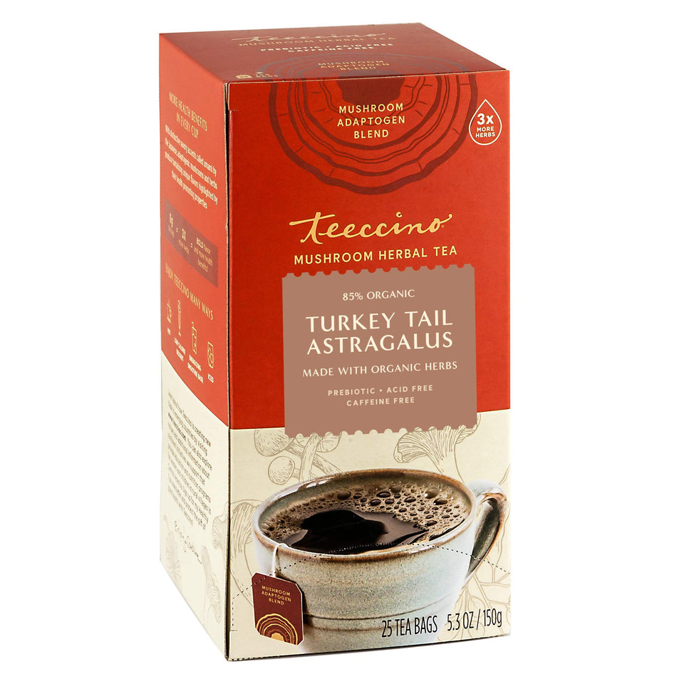 Teeccino Mushroom Tea with turkey tail extract for a comforting daily routine.