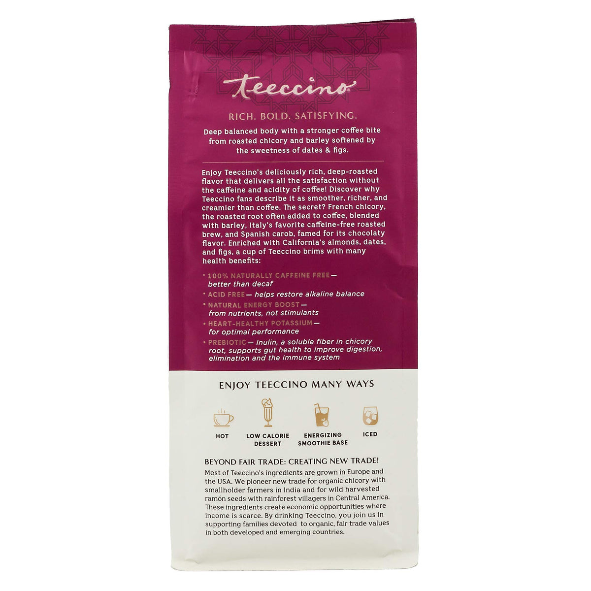 Teeccino naturally caffeine-free label emphasizes flexible day-night enjoyment.
