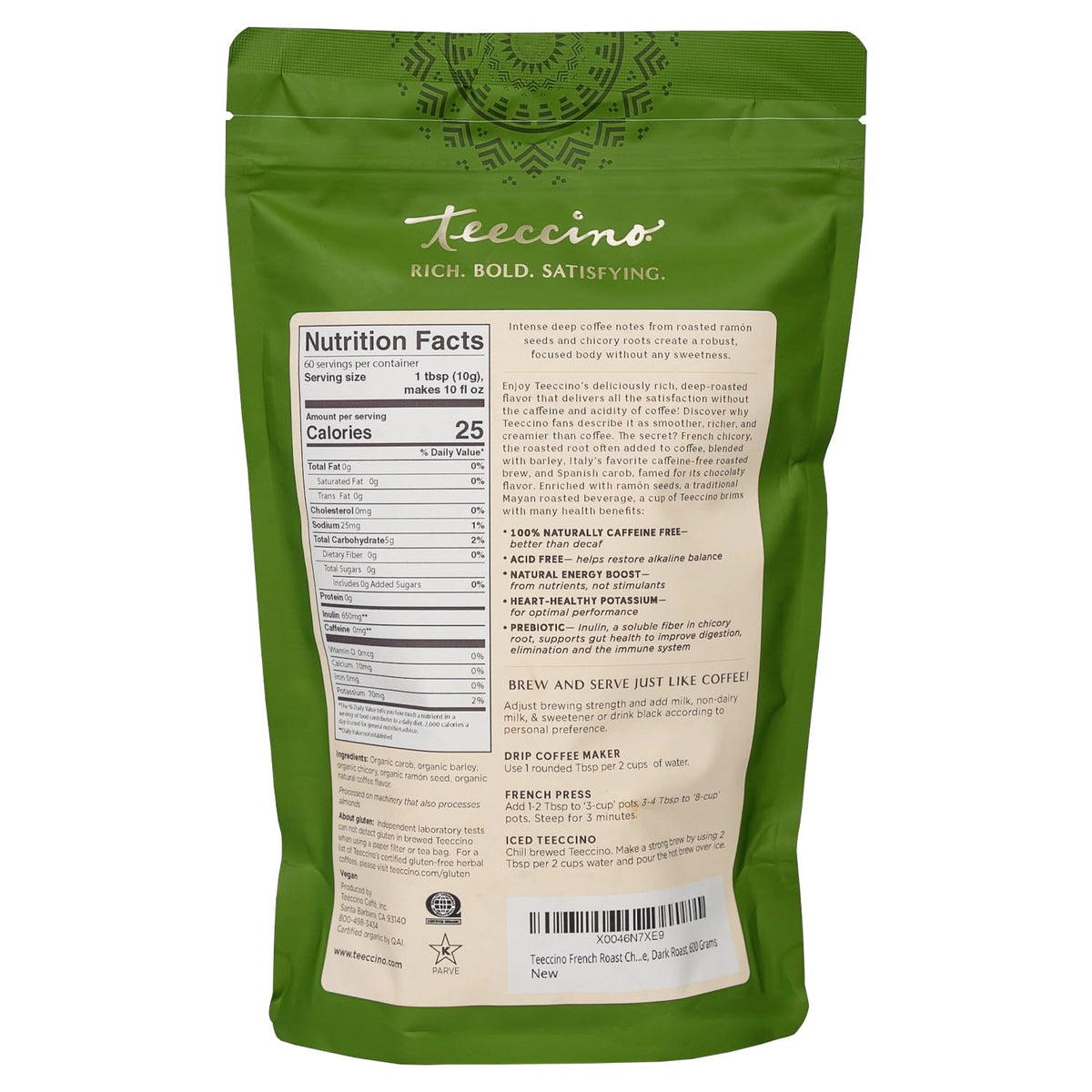 Teeccino organic herbal ground coffee mix blends chicory and carob for rich flavor.