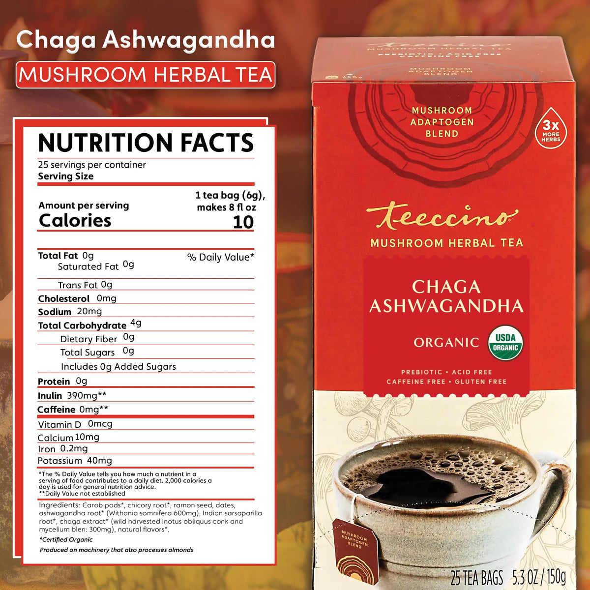Teeccino Organic Mushroom Tea in a steaming cup highlights butterscotch cream aroma.