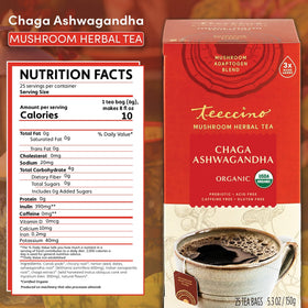 Teeccino Organic Mushroom Tea in a steaming cup highlights butterscotch cream aroma.