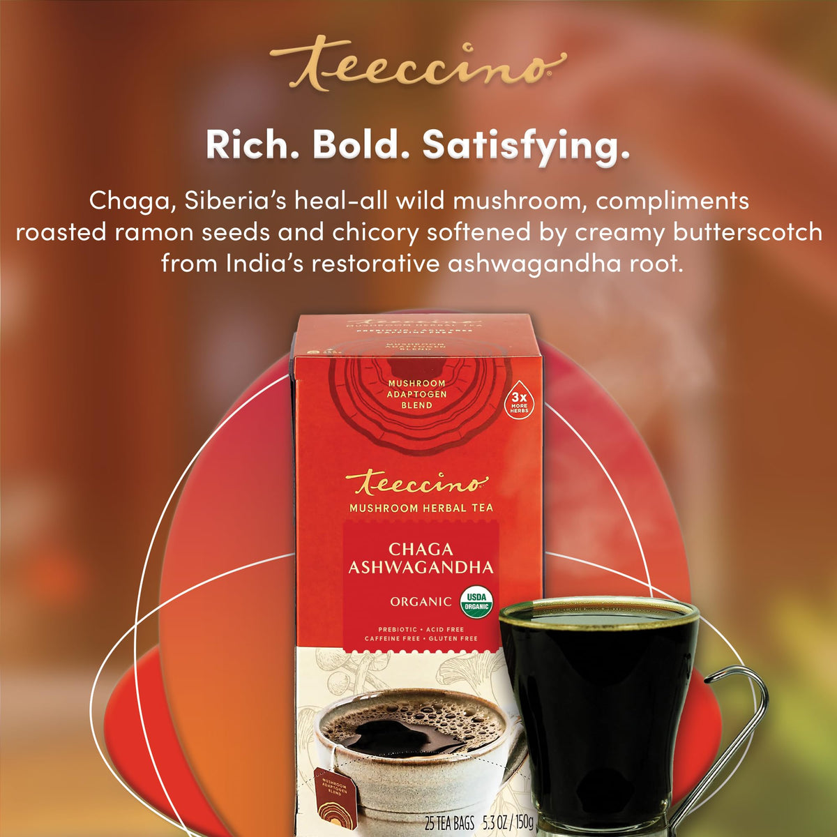 Teeccino Organic Mushroom Tea with chicory inulin signaling prebiotic fiber features.