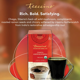 Teeccino Organic Mushroom Tea with chicory inulin signaling prebiotic fiber features.