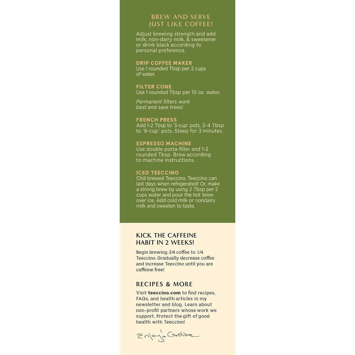 Teeccino organic non-GMO herb blend label close-up.