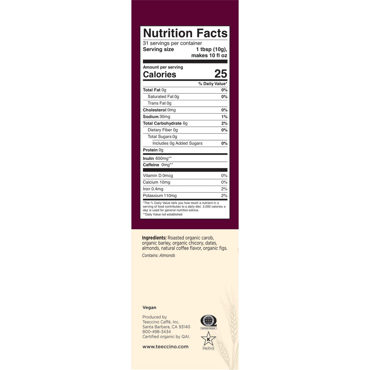 Teeccino organic non-GMO blend packaging stands for a clean, plant-based choice.