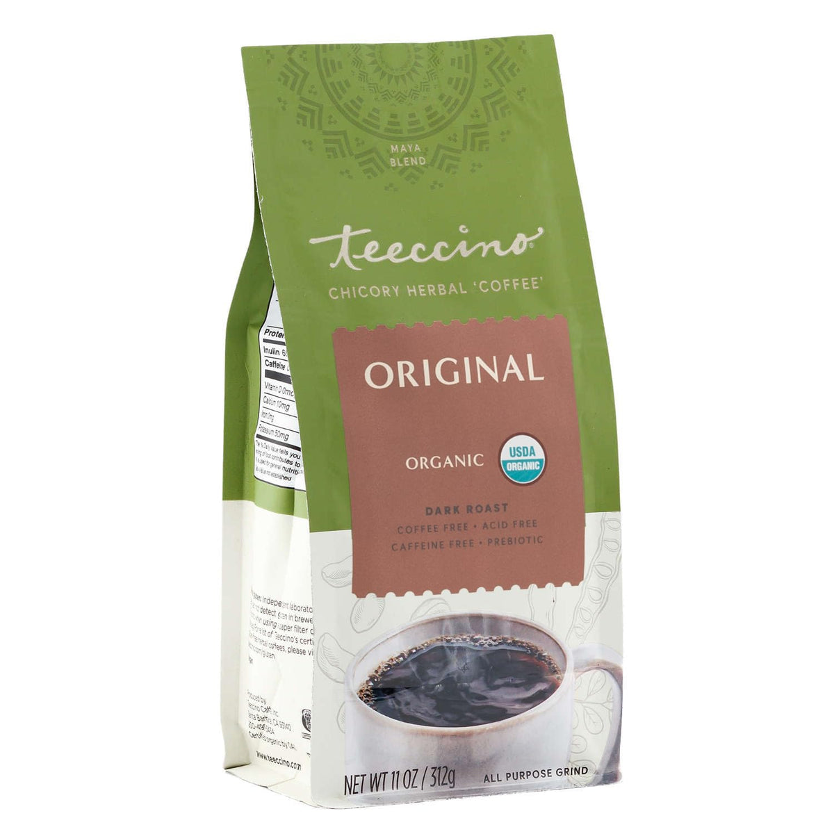 Teeccino Original ground herbal coffee with caffeine-free, rich aroma.