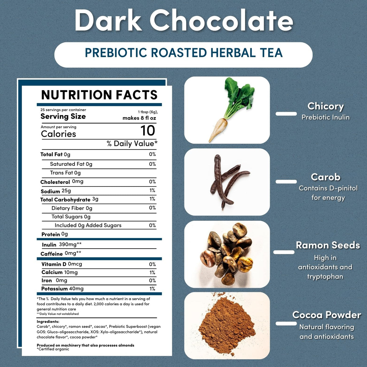 Teeccino Prebiotic SuperBoost tea bag highlighting GOS and XOS ingredients.