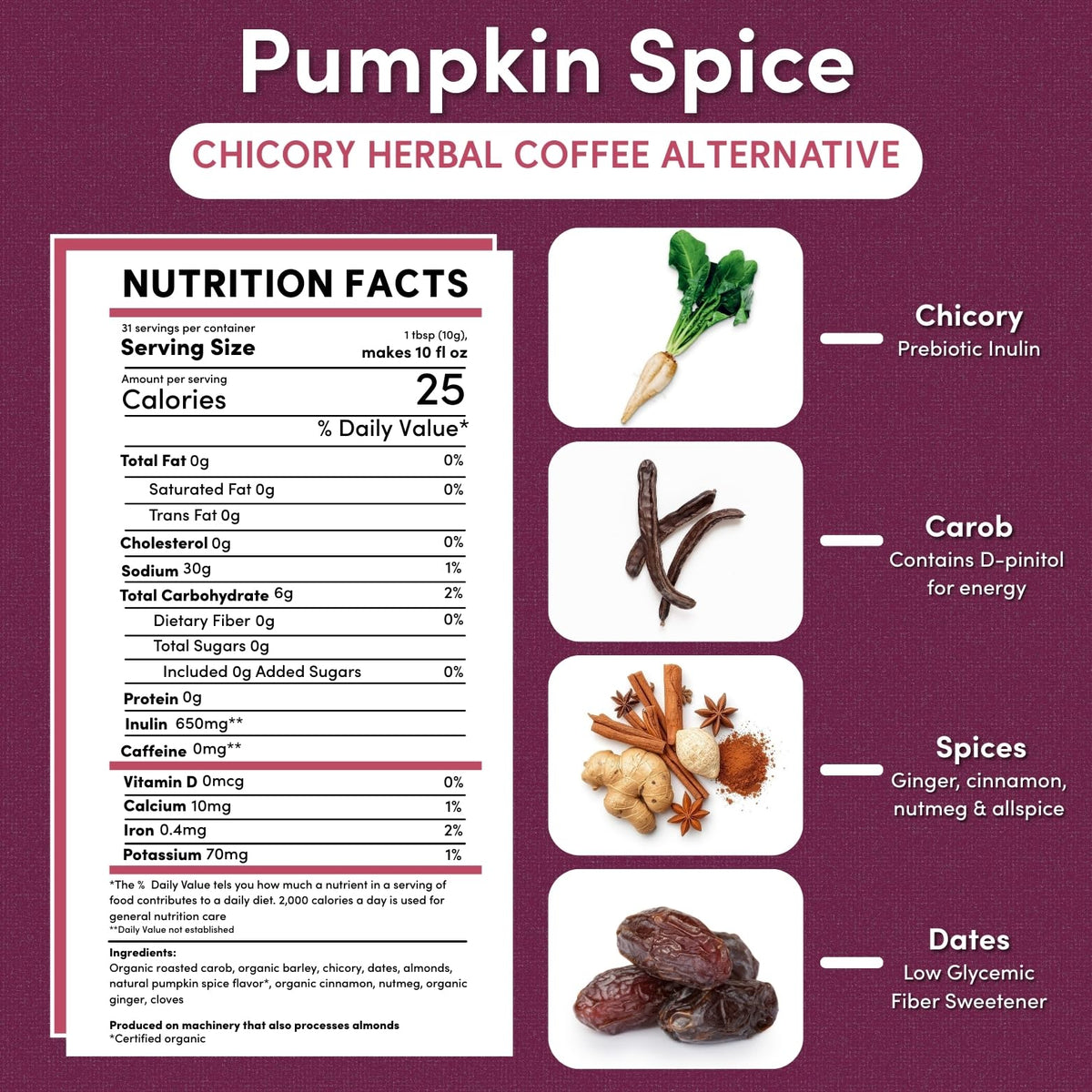 Teeccino Pumpkin Spice brewed cup steaming for cozy, caffeine-free enjoyment.