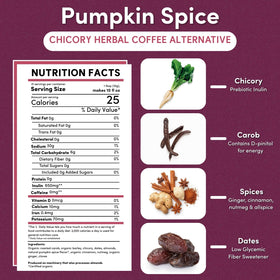 Teeccino Pumpkin Spice brewed cup steaming for cozy, caffeine-free enjoyment.