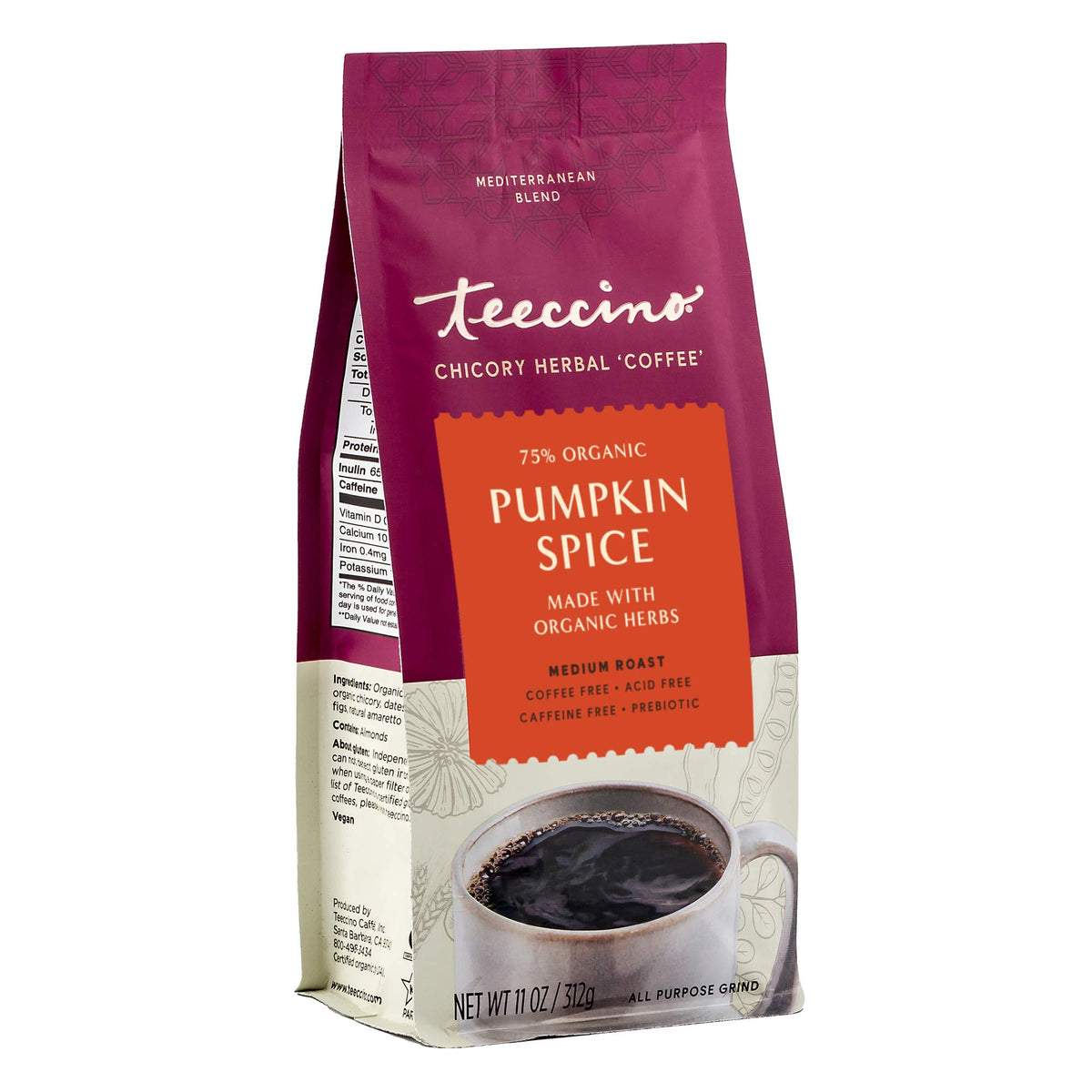 Teeccino Pumpkin Spice chicory coffee alternative front label highlights caffeine-free flavor.