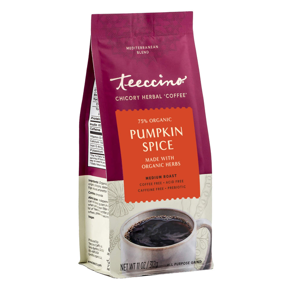Teeccino Pumpkin Spice chicory coffee alternative front label highlights caffeine-free flavor.