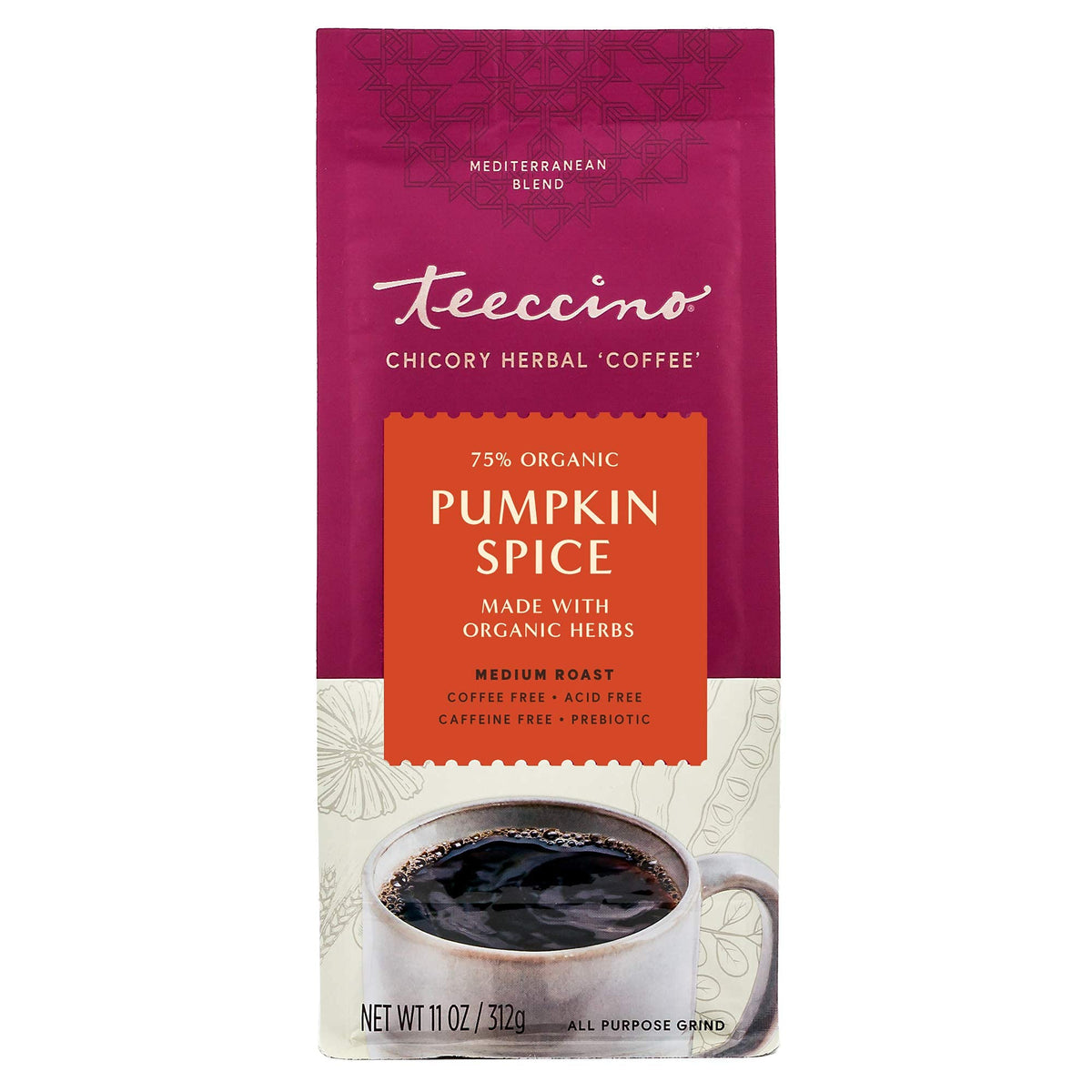 Teeccino Pumpkin Spice notes include nutmeg and maple for depth.