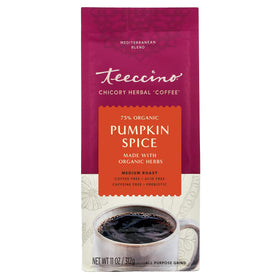 Teeccino Pumpkin Spice notes include nutmeg and maple for depth.