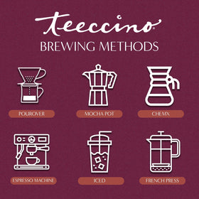 Closeup of Teeccino Pumpkin Spice packaging shows organic, non-GMO plant-based ingredients.