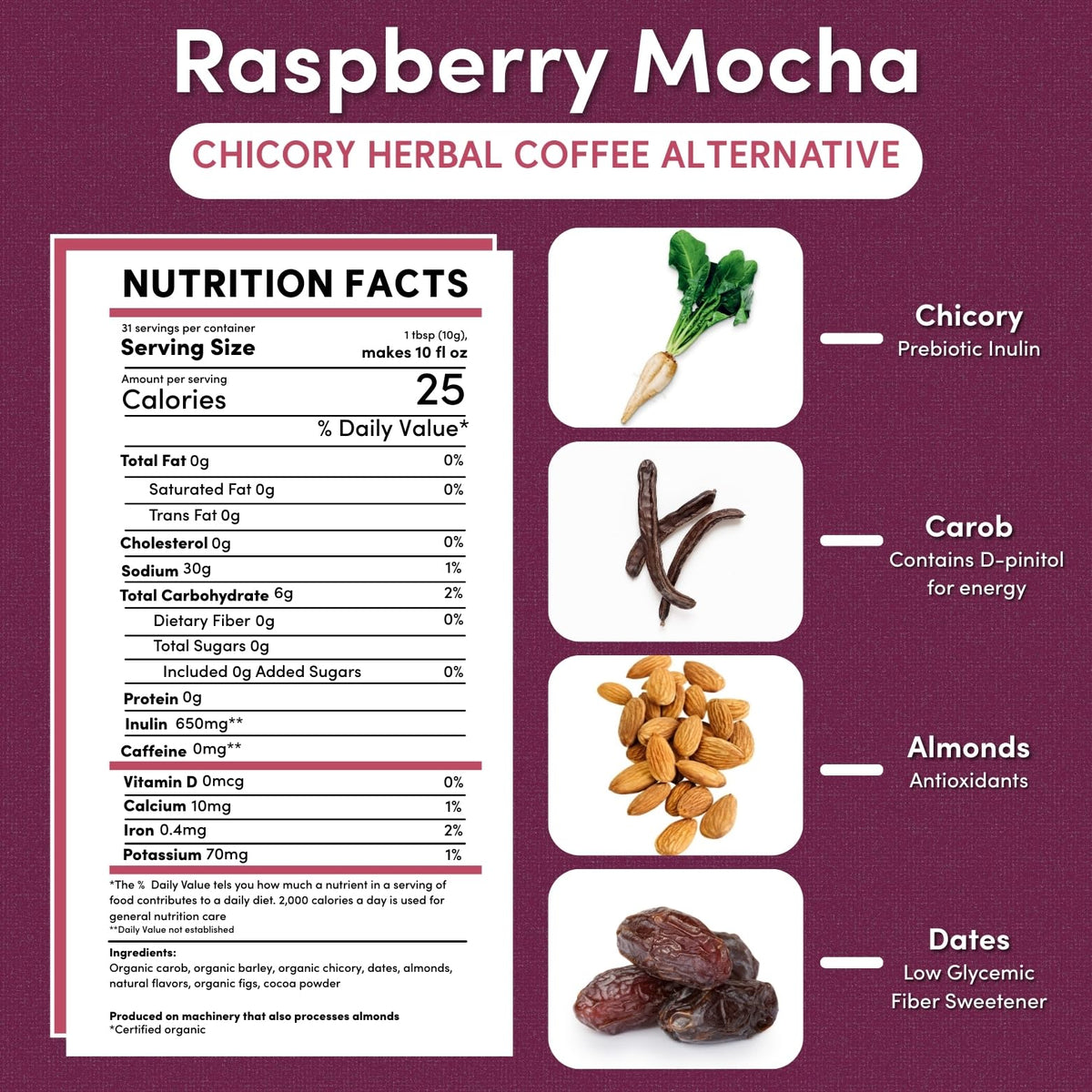 Teeccino Raspberry Mocha Cup Hot with rich flavor and caffeine-free comfort.