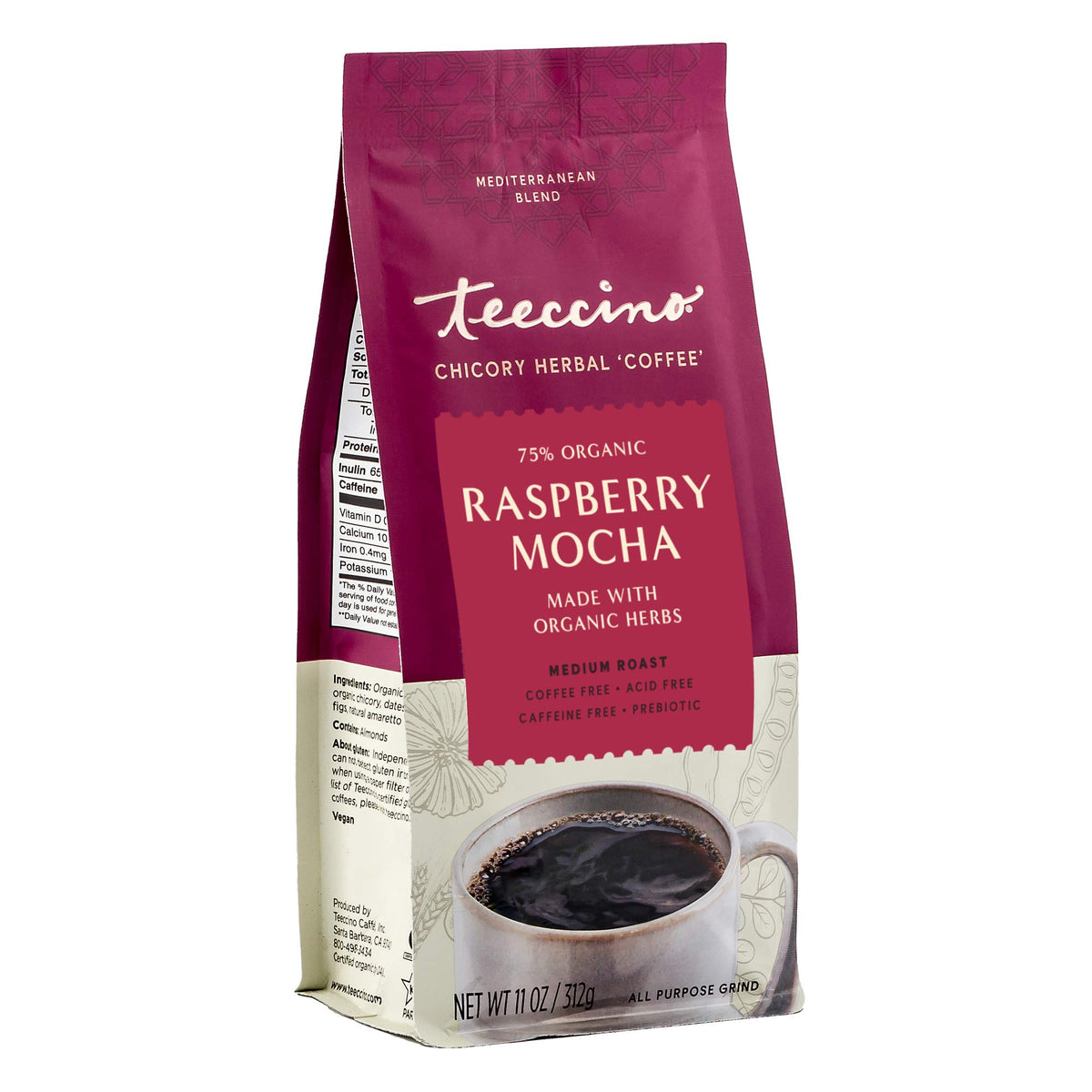 Teeccino Raspberry Mocha Ground for versatile brewing and prebiotic benefits.