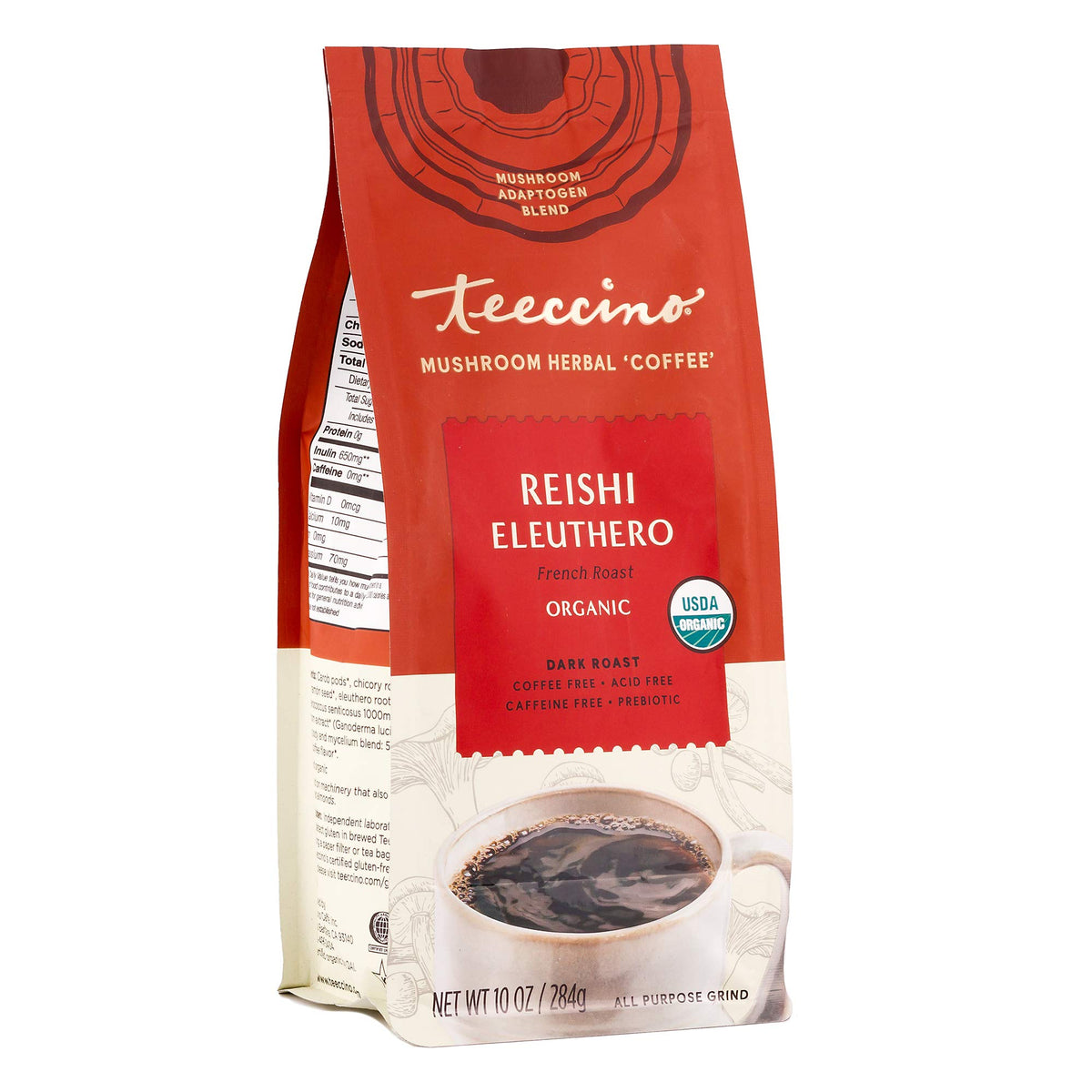 Teeccino Reishi Eleuthero coffee alternative in rich dark roast for caffeine-free mornings.