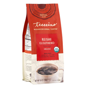 Teeccino Reishi Eleuthero coffee alternative in rich dark roast for caffeine-free mornings.