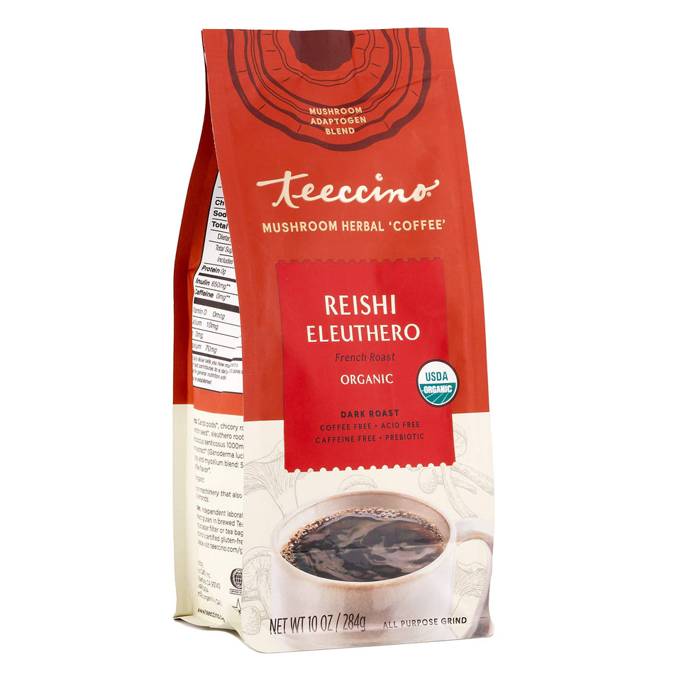 Teeccino Reishi Eleuthero coffee alternative in rich dark roast for caffeine-free mornings.