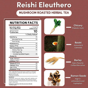Teeccino Reishi Eleuthero Tea cup hot scene emphasizes caffeine-free comfort