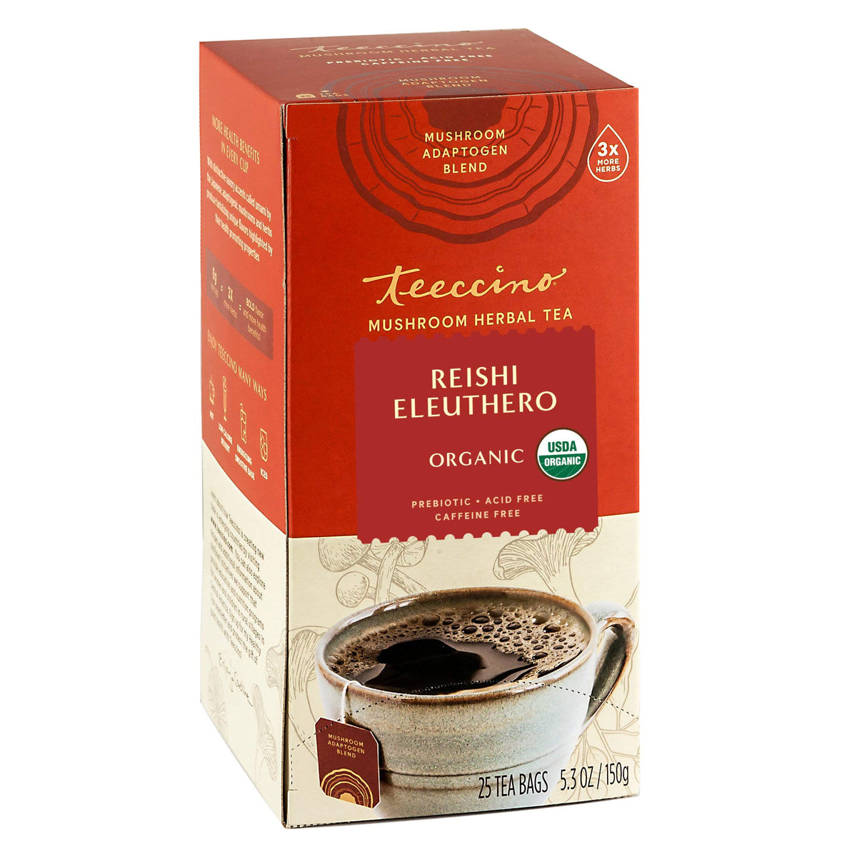 Teeccino Reishi Eleuthero Tea packaging highlights organic blend and 25 tea bags