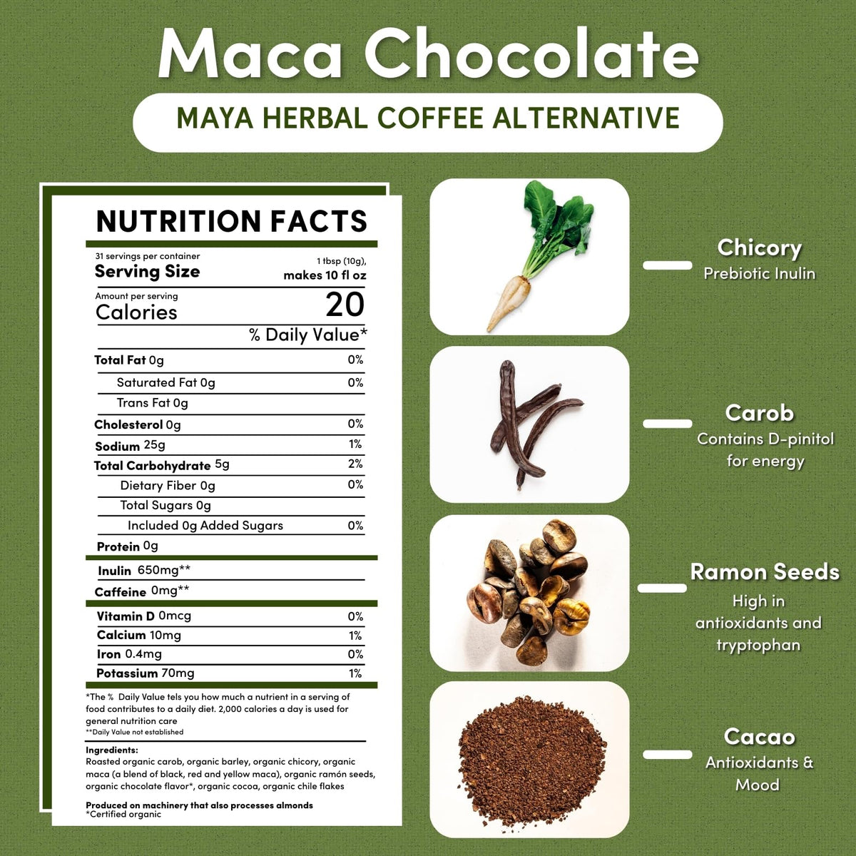 Teeccino close-up of roasted ramon seeds and cacao highlighting natural flavor.