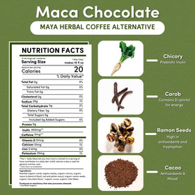 Teeccino close-up of roasted ramon seeds and cacao highlighting natural flavor.