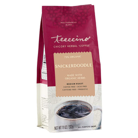 Teeccino Snickerdoodle chicory coffee alternative in a mug with caffeine-free comfort