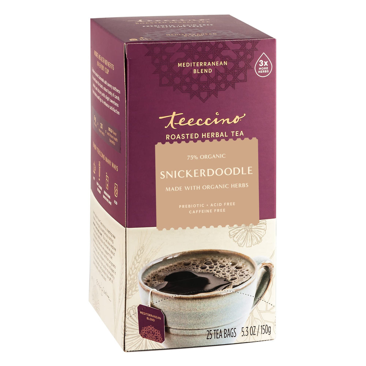 Teeccino Snickerdoodle Tea bags ready for caffeine-free indulgence.