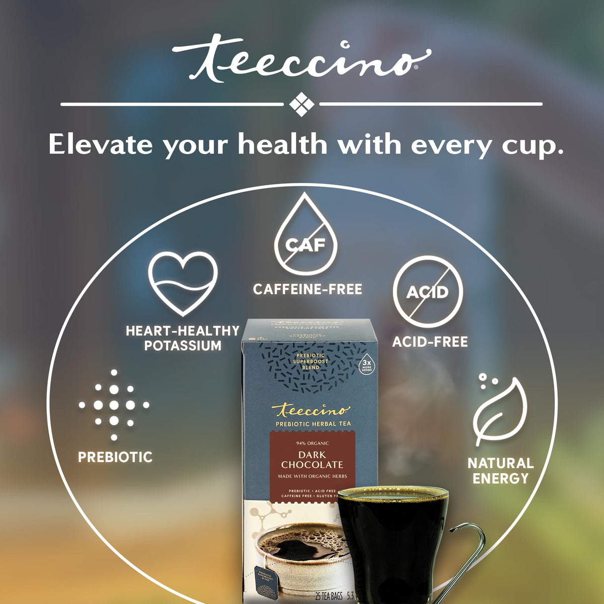 Teeccino compostable tea bags in a pouch with bold herbal flavor