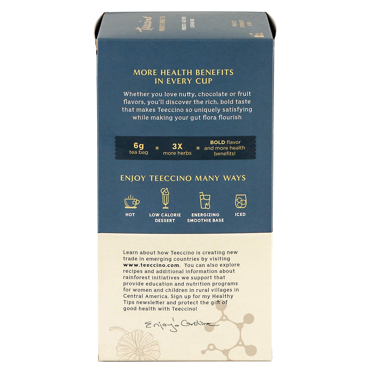 Teeccino compostable tea bags showcasing eco-friendly packaging.