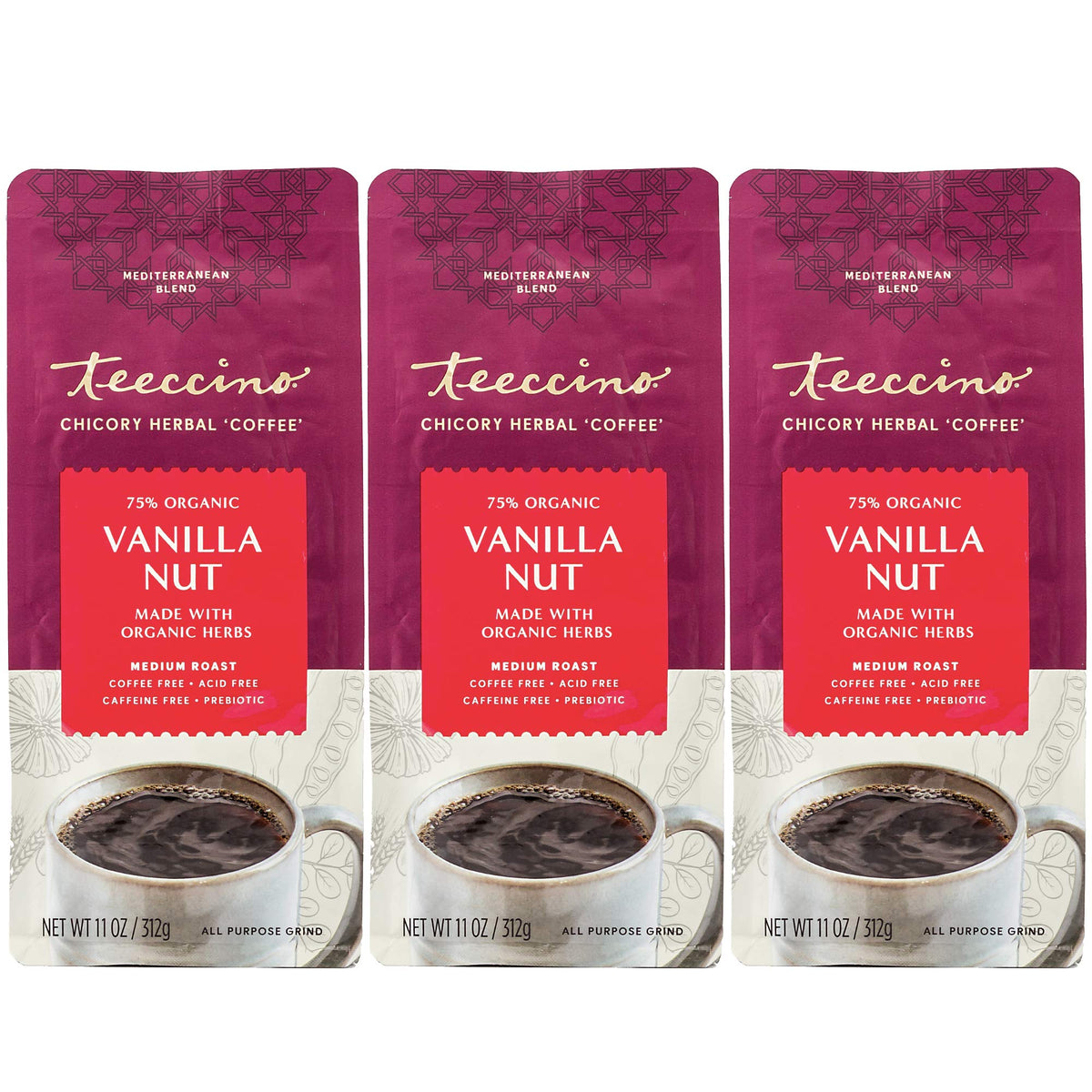 Teeccino Vanilla Nut Chicory Coffee bag shows creamy vanilla and almond notes