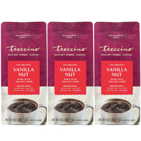 Teeccino Vanilla Nut Chicory Coffee bag shows creamy vanilla and almond notes