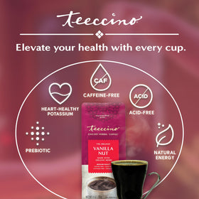 Teeccino Vanilla Nut Chicory cup with dates and figs accents