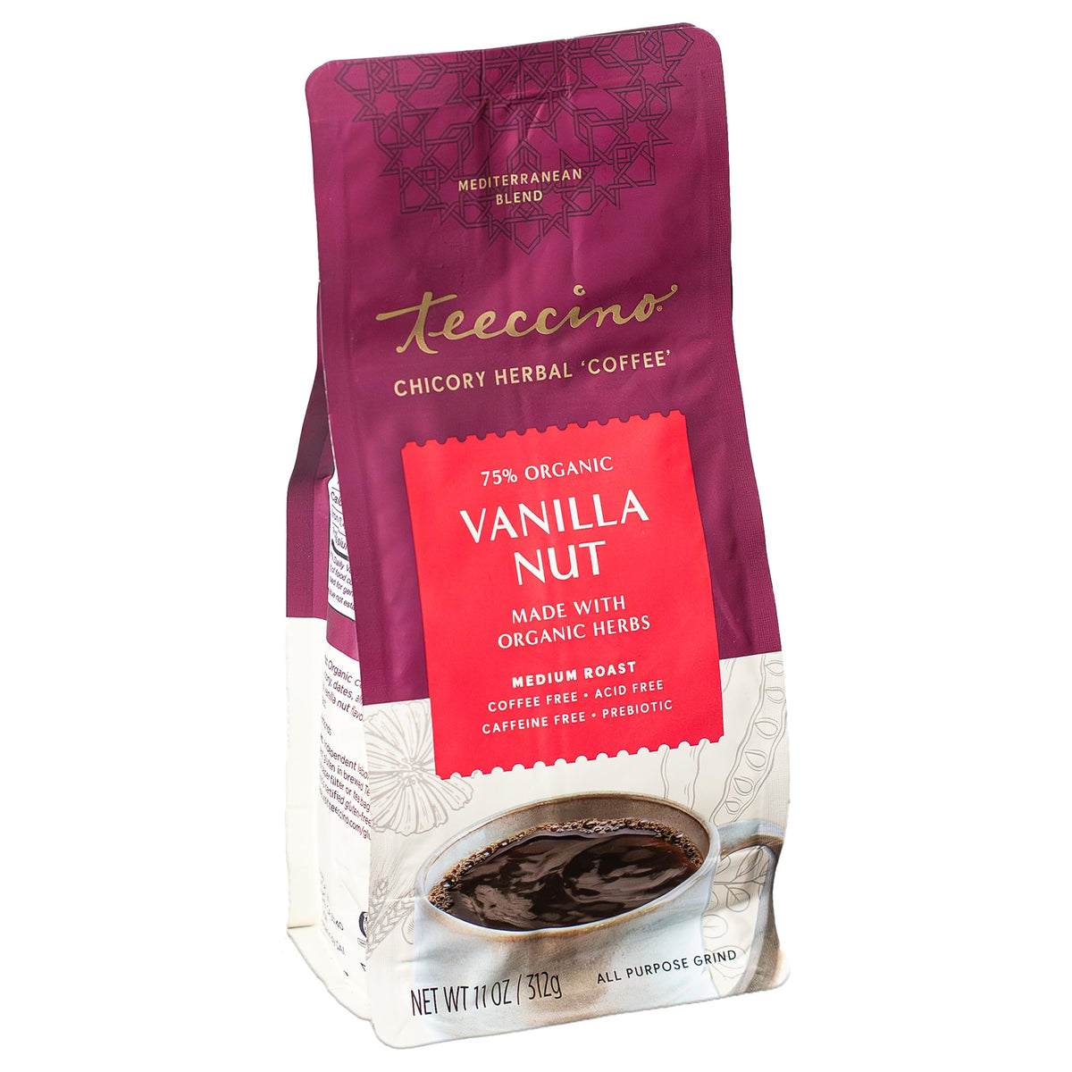 Teeccino Vanilla Nut Chicory ground pack shot showing caffeine-free herbal coffee alternative