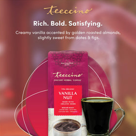 Teeccino Vanilla Nut Chicory organic non-GMO label close-up