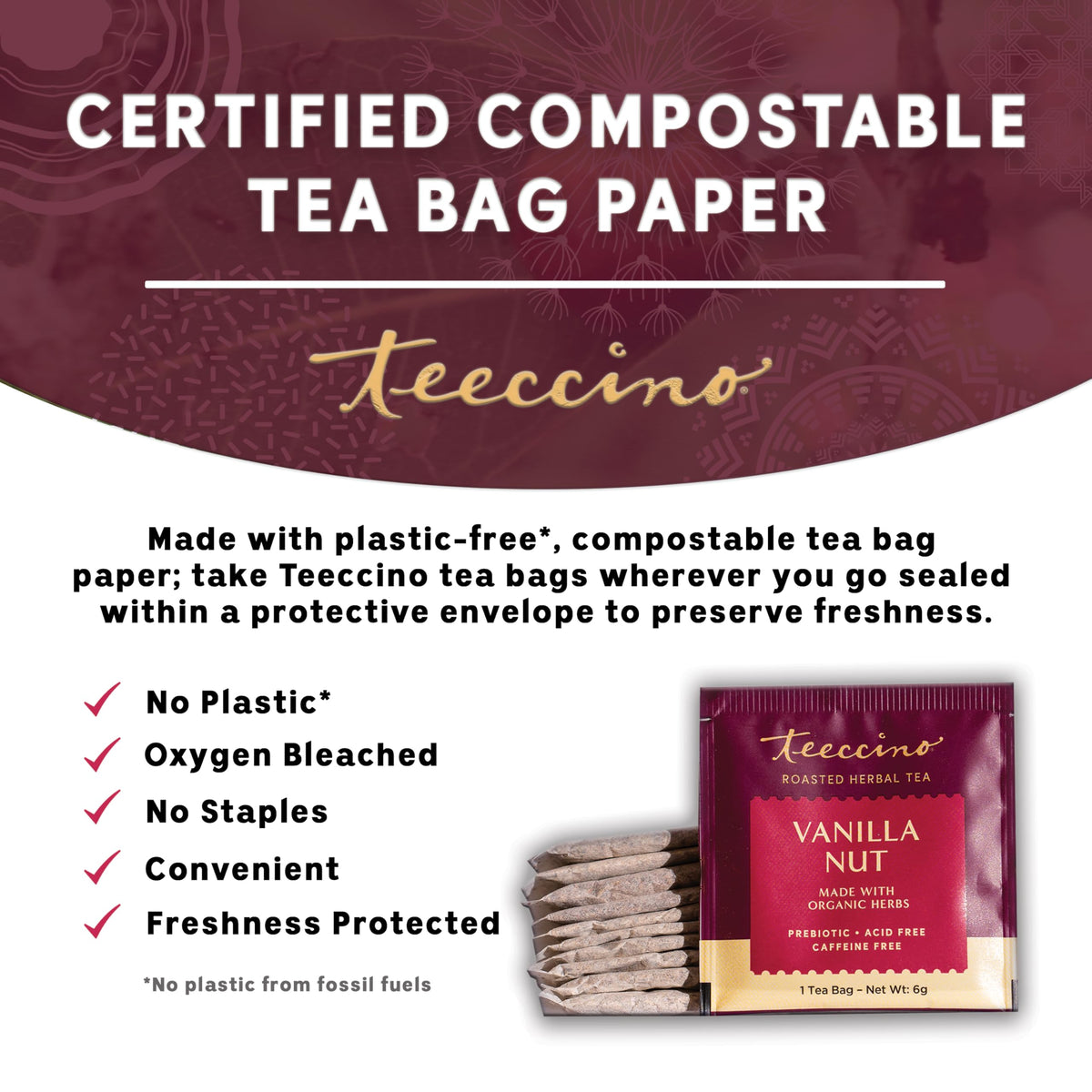 Teeccino Vanilla Nut Tea brewing setup highlighting rich herbal aroma