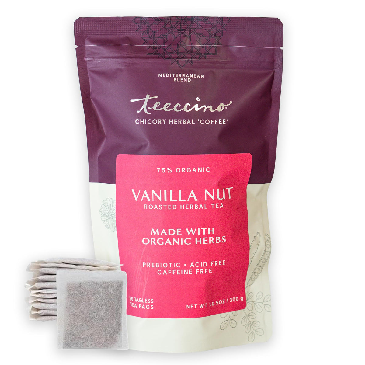 Teeccino Vanilla Nut Herbal Tea cup pour with creamy vanilla aroma and almond notes, caffeine-free
