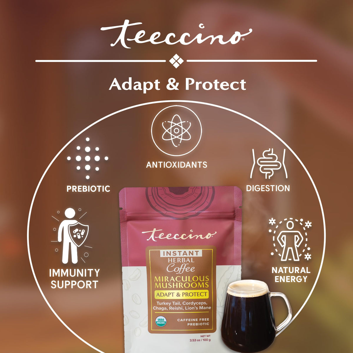 Teecino Miraculous Mushrooms Instant ingredients pack highlighting five organic mushroom extracts.
