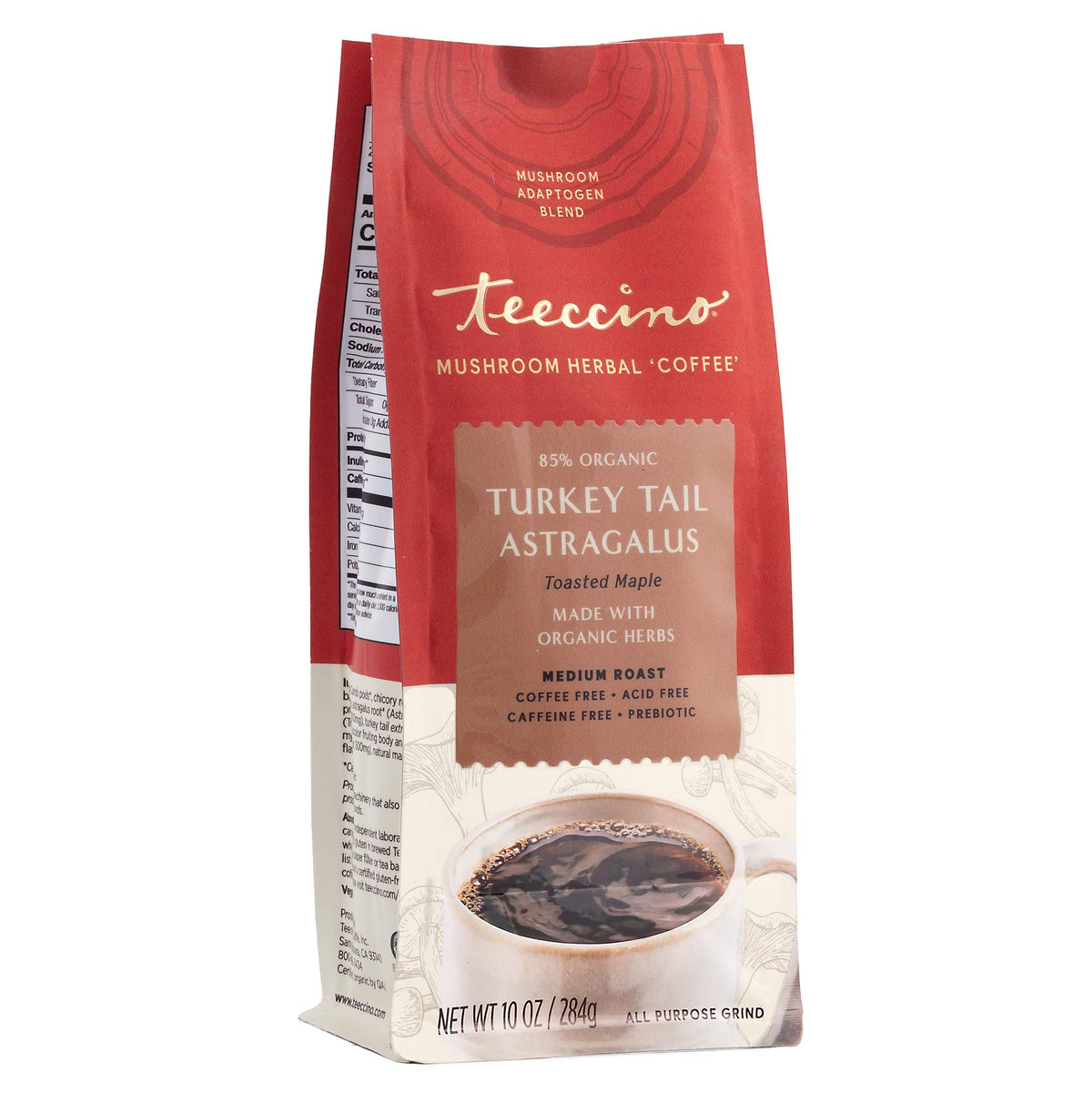 Teeccino Turkey Tail Astragalus packaging shows a caffeine-free herbal coffee alternative.