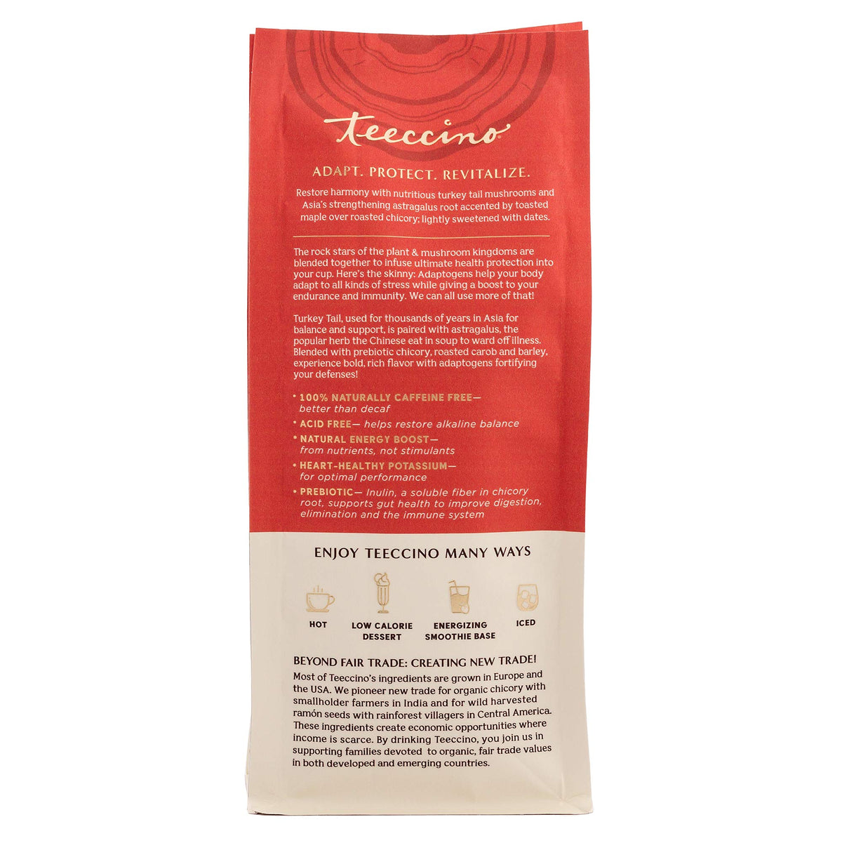Teeccino turkey tail extract close-up highlights adaptogenic blend.