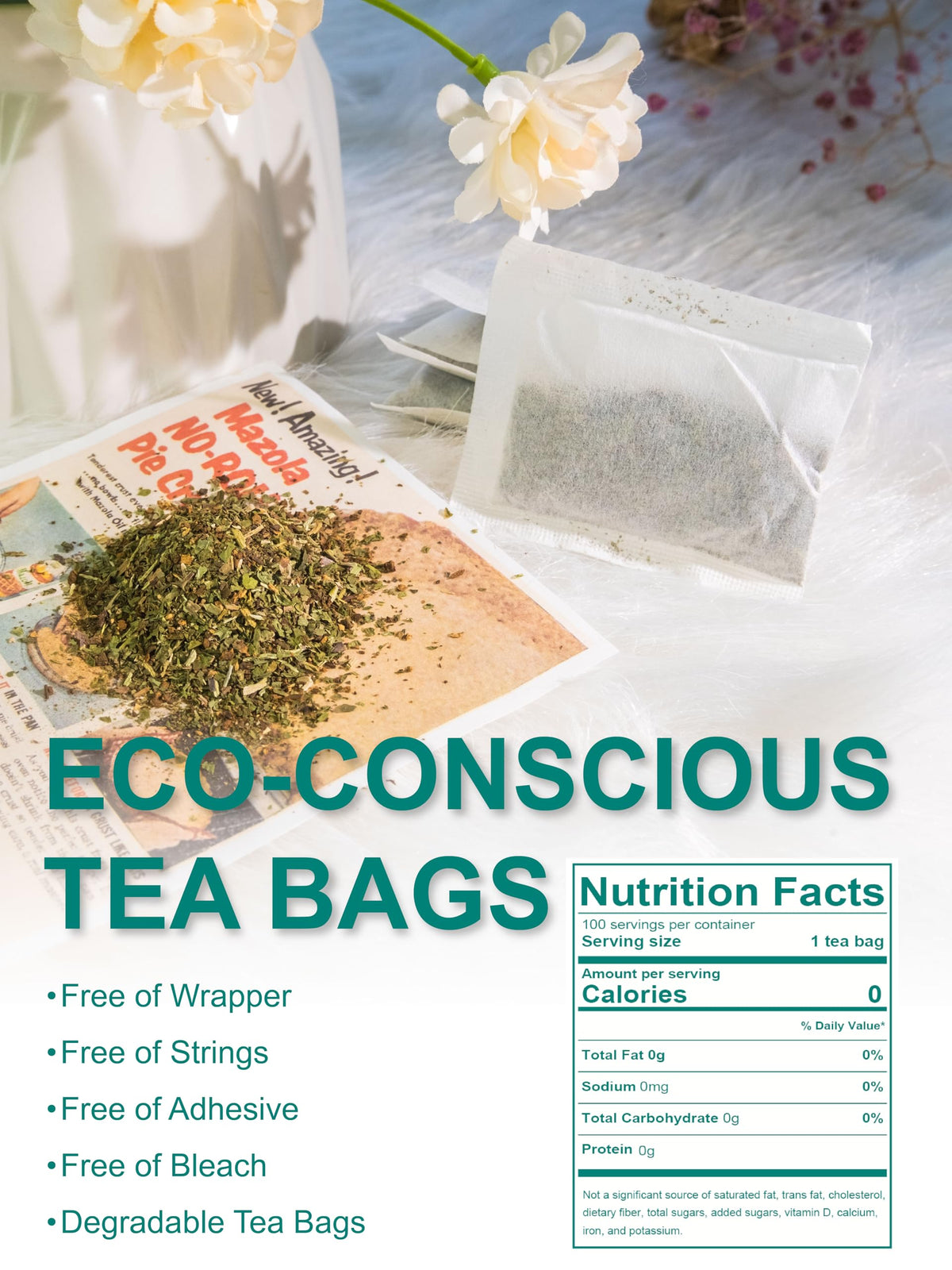 TeeLux biodegradable tea bags packaging emphasizing sustainable, waste-conscious tea.