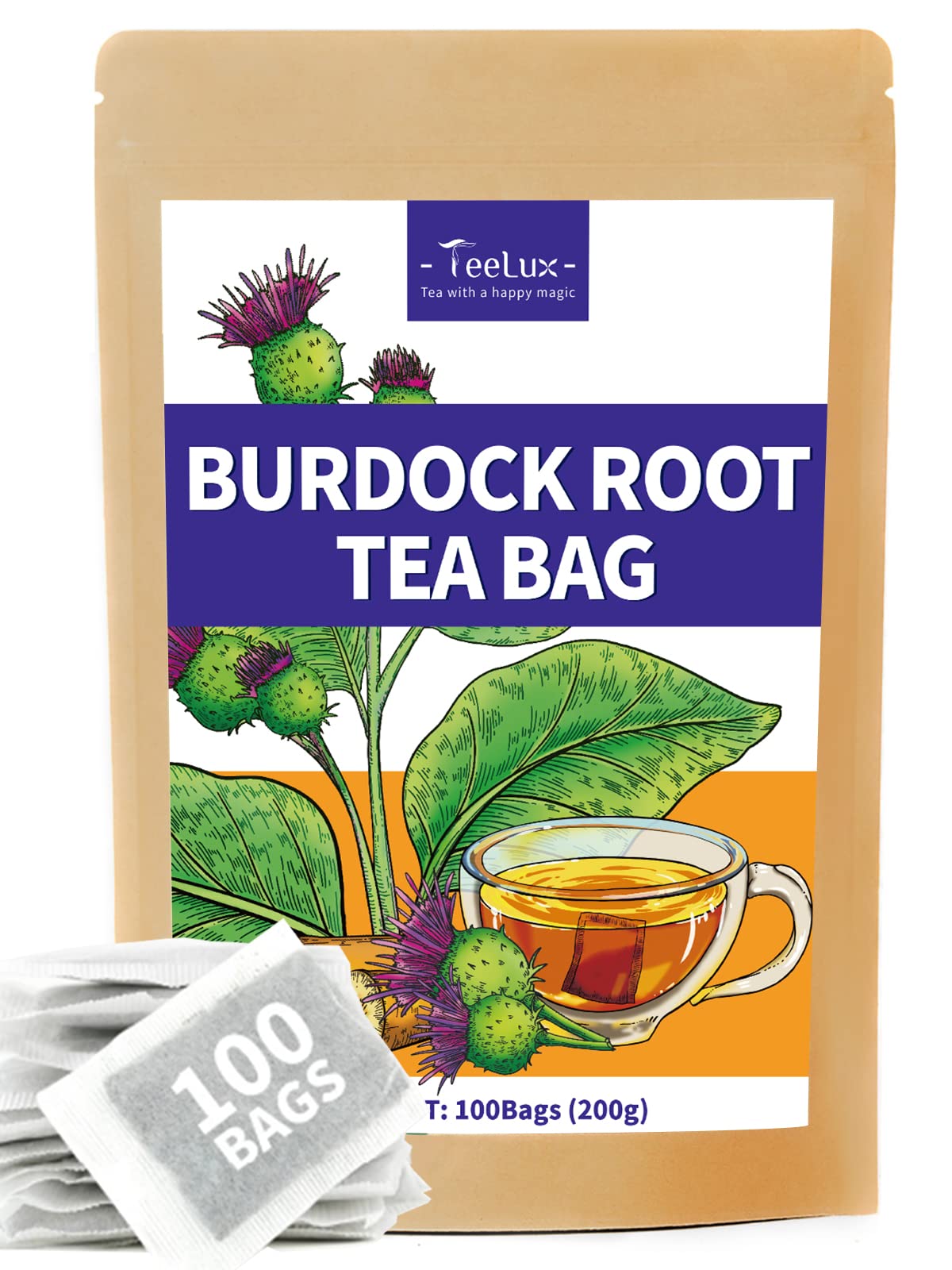 TeeLux Burdock Root Tea Bags packaging highlights eco-friendly, compostable bags